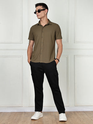 Thomas Scott Men Olive Premium Slim Fit Short Sleeves Spread Collar 4 Way Stretch CoolMax Knitted Shirt