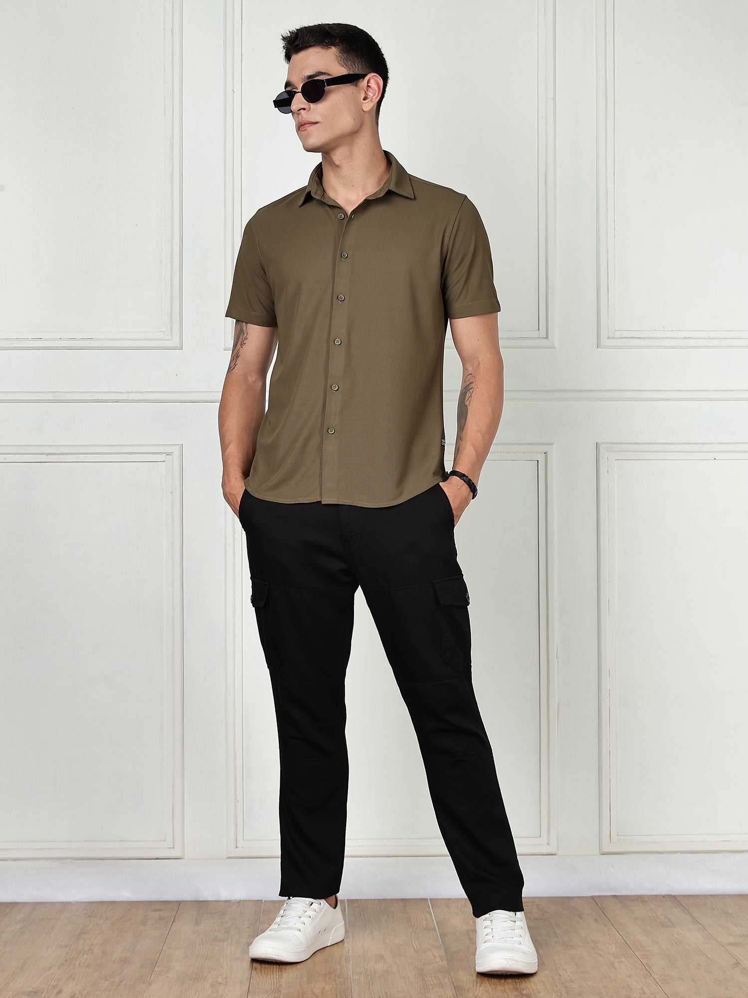 Thomas Scott Men Olive Premium Slim Fit Short Sleeves Spread Collar 4 Way Stretch CoolMax Knitted Shirt