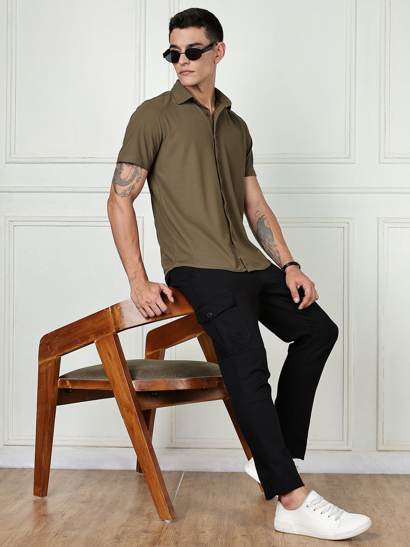 Thomas Scott Men Olive Premium Slim Fit Short Sleeves Spread Collar 4 Way Stretch CoolMax Knitted Shirt