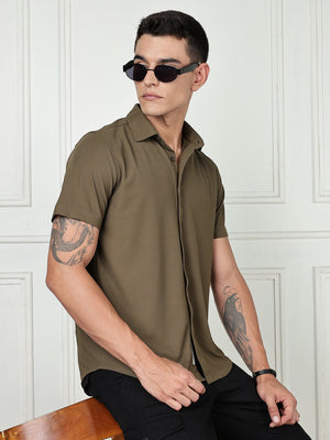 Thomas Scott Men Olive Premium Slim Fit Short Sleeves Spread Collar 4 Way Stretch CoolMax Knitted Shirt