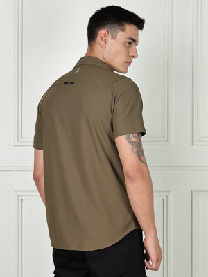 Thomas Scott Men Olive Premium Slim Fit Short Sleeves Spread Collar 4 Way Stretch CoolMax Knitted Shirt