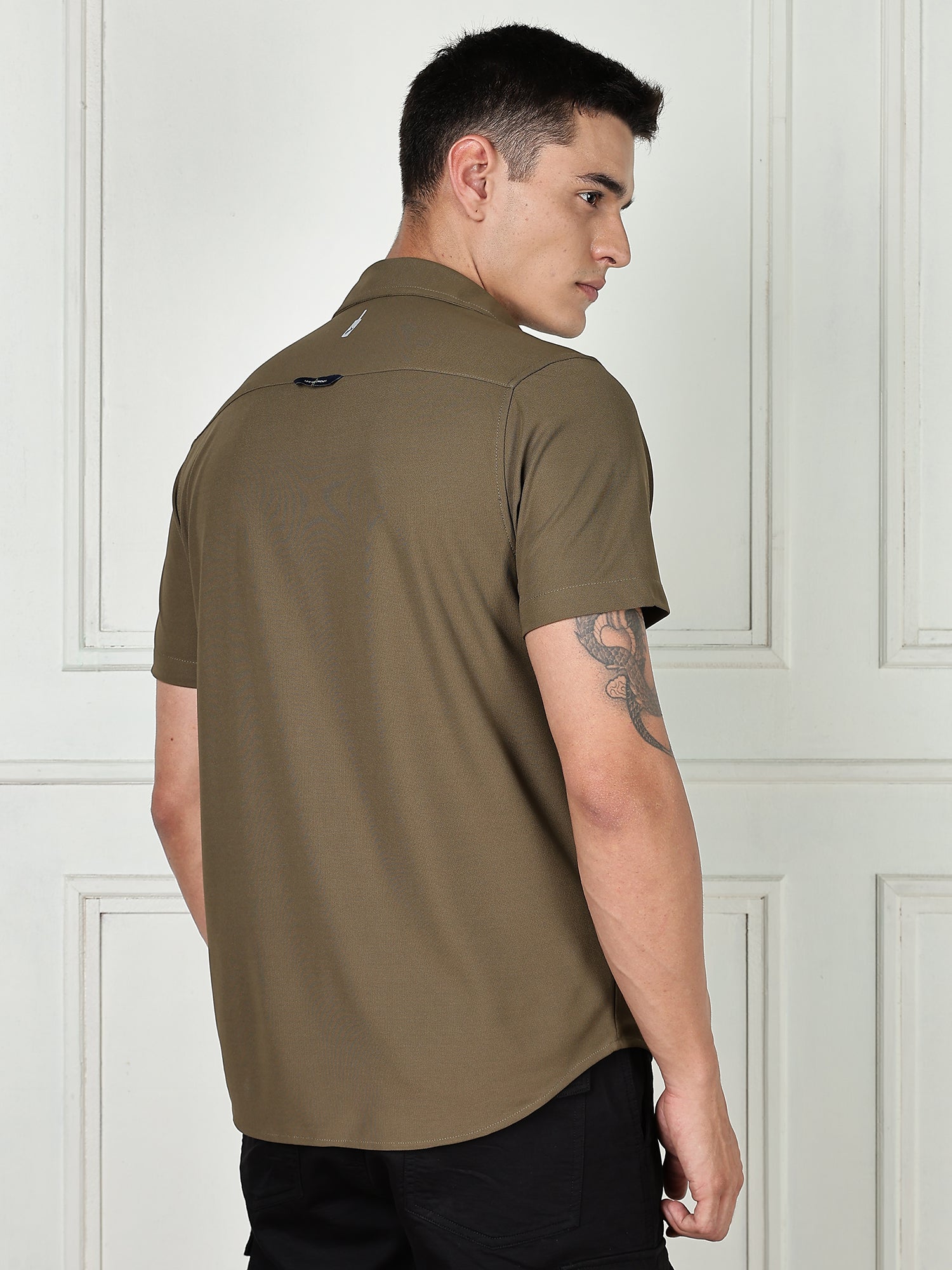 Thomas Scott Men Olive Premium Slim Fit Short Sleeves Spread Collar 4 Way Stretch CoolMax Knitted Shirt