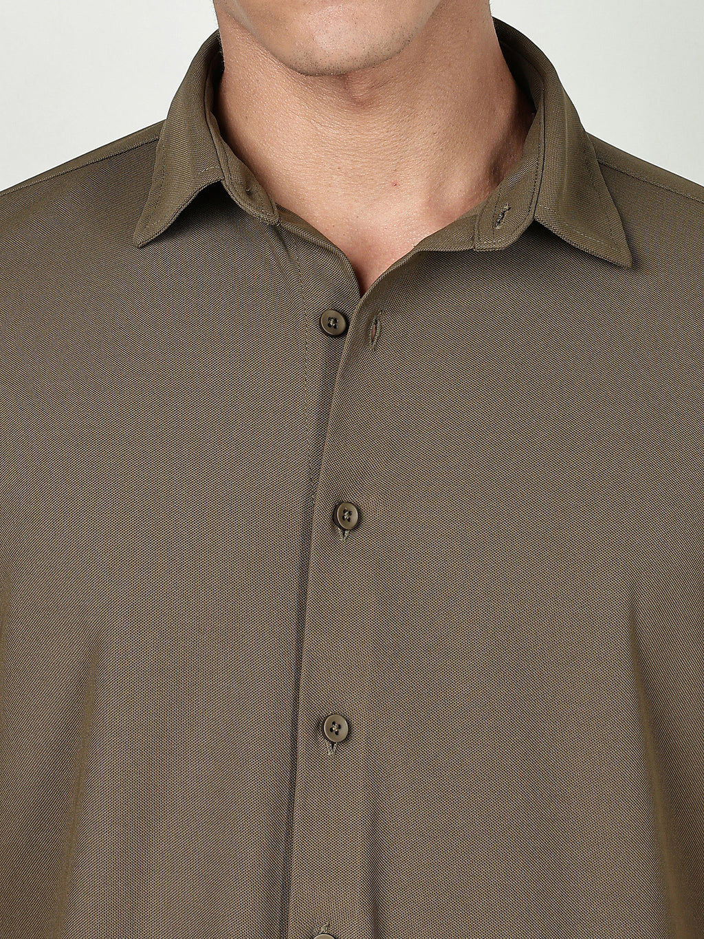 Thomas Scott Men Olive Premium Slim Fit Short Sleeves Spread Collar 4 Way Stretch CoolMax Knitted Shirt
