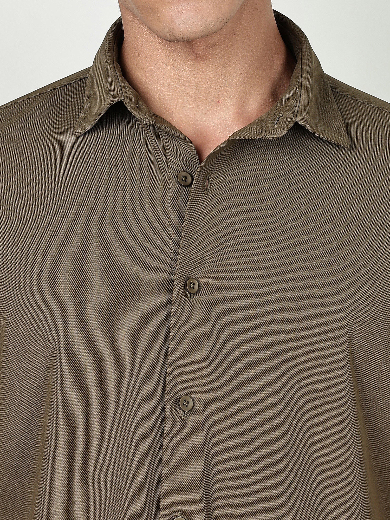 Thomas Scott Men Olive Premium Slim Fit Short Sleeves Spread Collar 4 Way Stretch CoolMax Knitted Shirt
