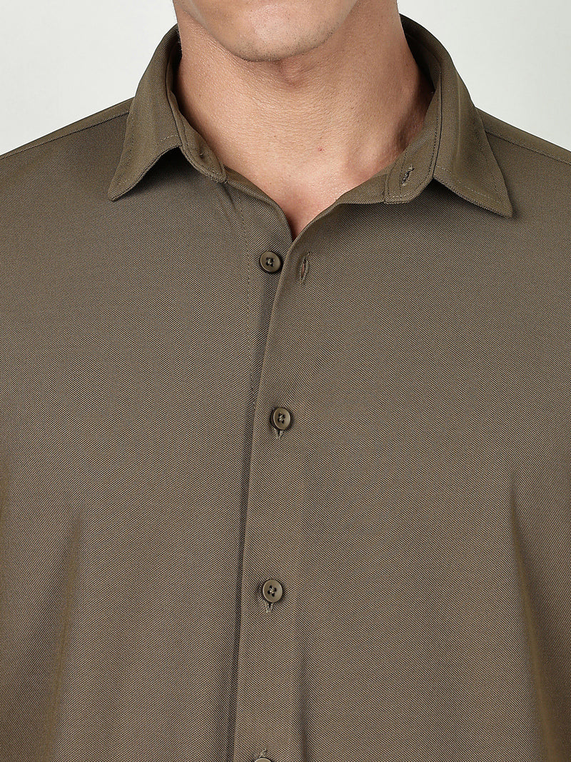 Thomas Scott Men Olive Premium Slim Fit Short Sleeves Spread Collar 4 Way Stretch CoolMax Knitted Shirt