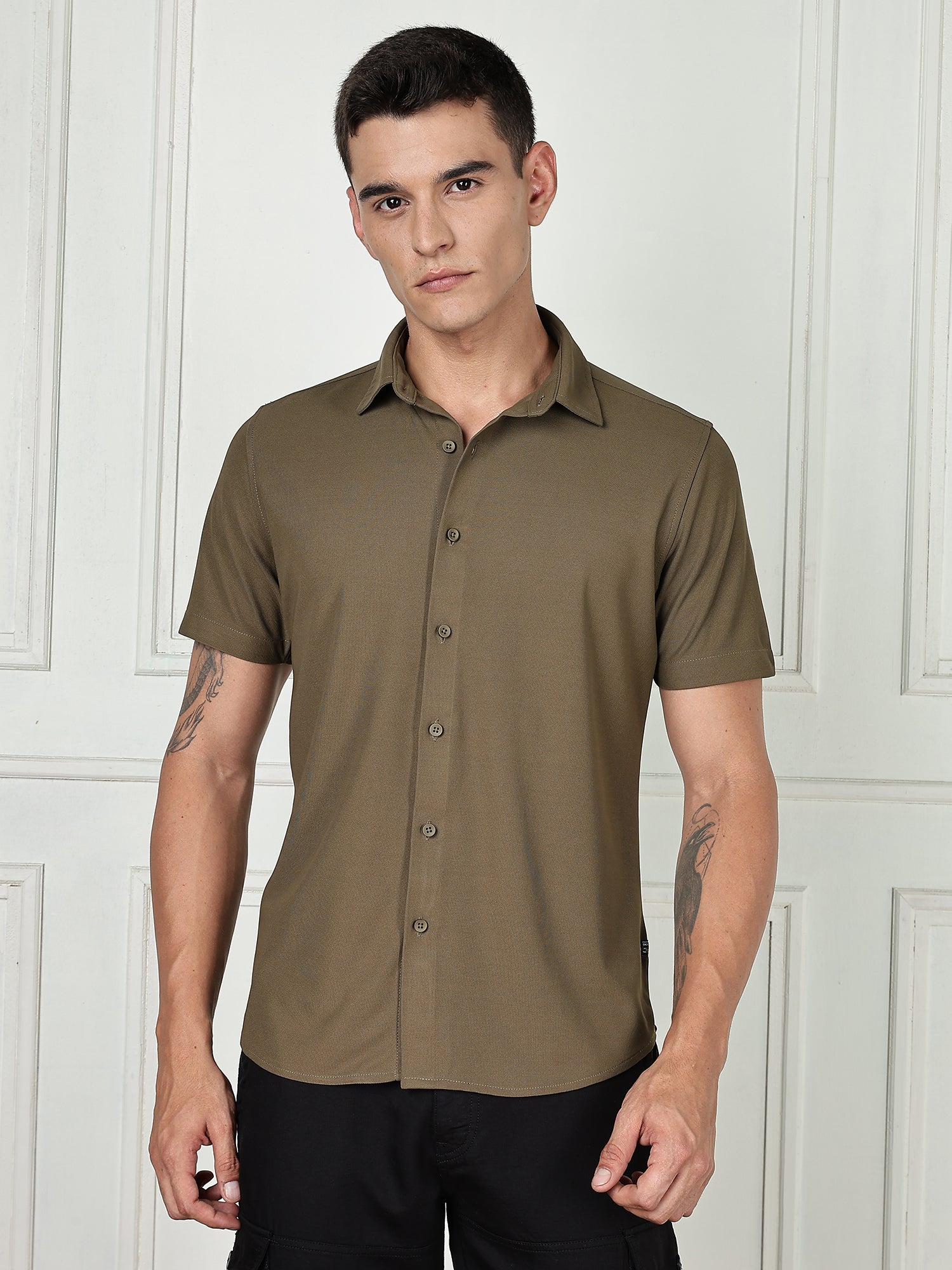 Thomas Scott Men Olive Premium Slim Fit Short Sleeves Spread Collar 4 Way Stretch CoolMax Knitted Shirt