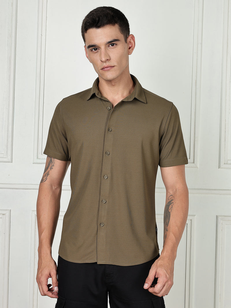 Thomas Scott Men Olive Premium Slim Fit Short Sleeves Spread Collar 4 Way Stretch CoolMax Knitted Shirt