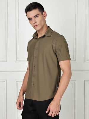 Thomas Scott Men Olive Premium Slim Fit Short Sleeves Spread Collar 4 Way Stretch CoolMax Knitted Shirt