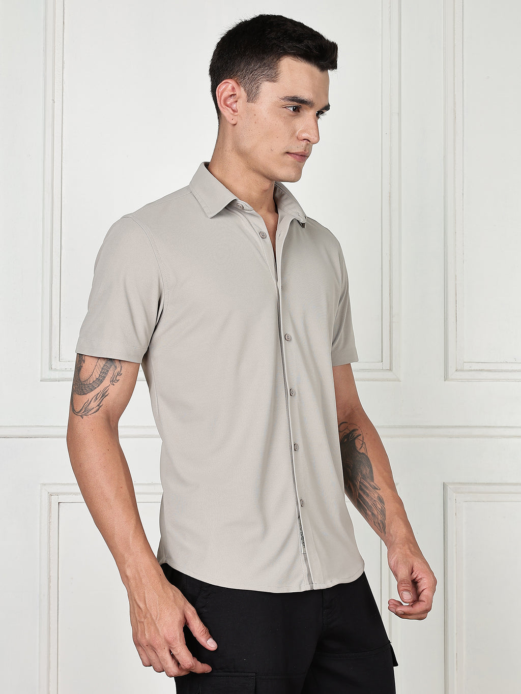 Thomas Scott Men Grey Premium Slim Fit Short Sleeves Spread Collar 4 Way Stretch CoolMax Knitted Shirt