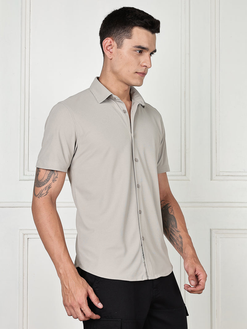 Thomas Scott Men Grey Premium Slim Fit Short Sleeves Spread Collar 4 Way Stretch CoolMax Knitted Shirt
