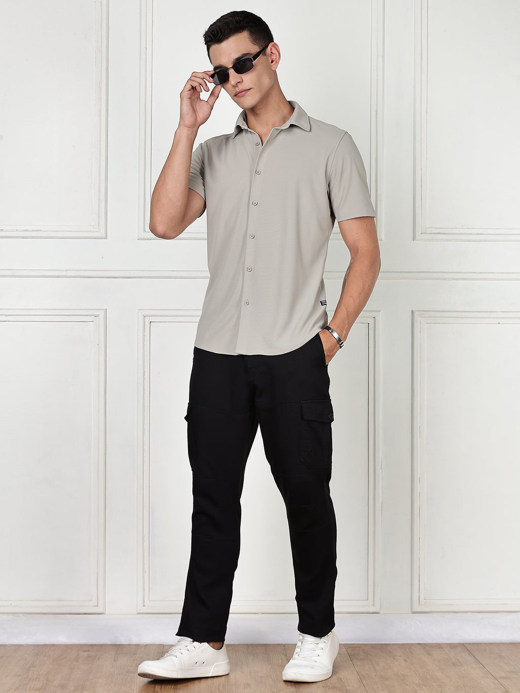 Thomas Scott Men Grey Premium Slim Fit Short Sleeves Spread Collar 4 Way Stretch CoolMax Knitted Shirt