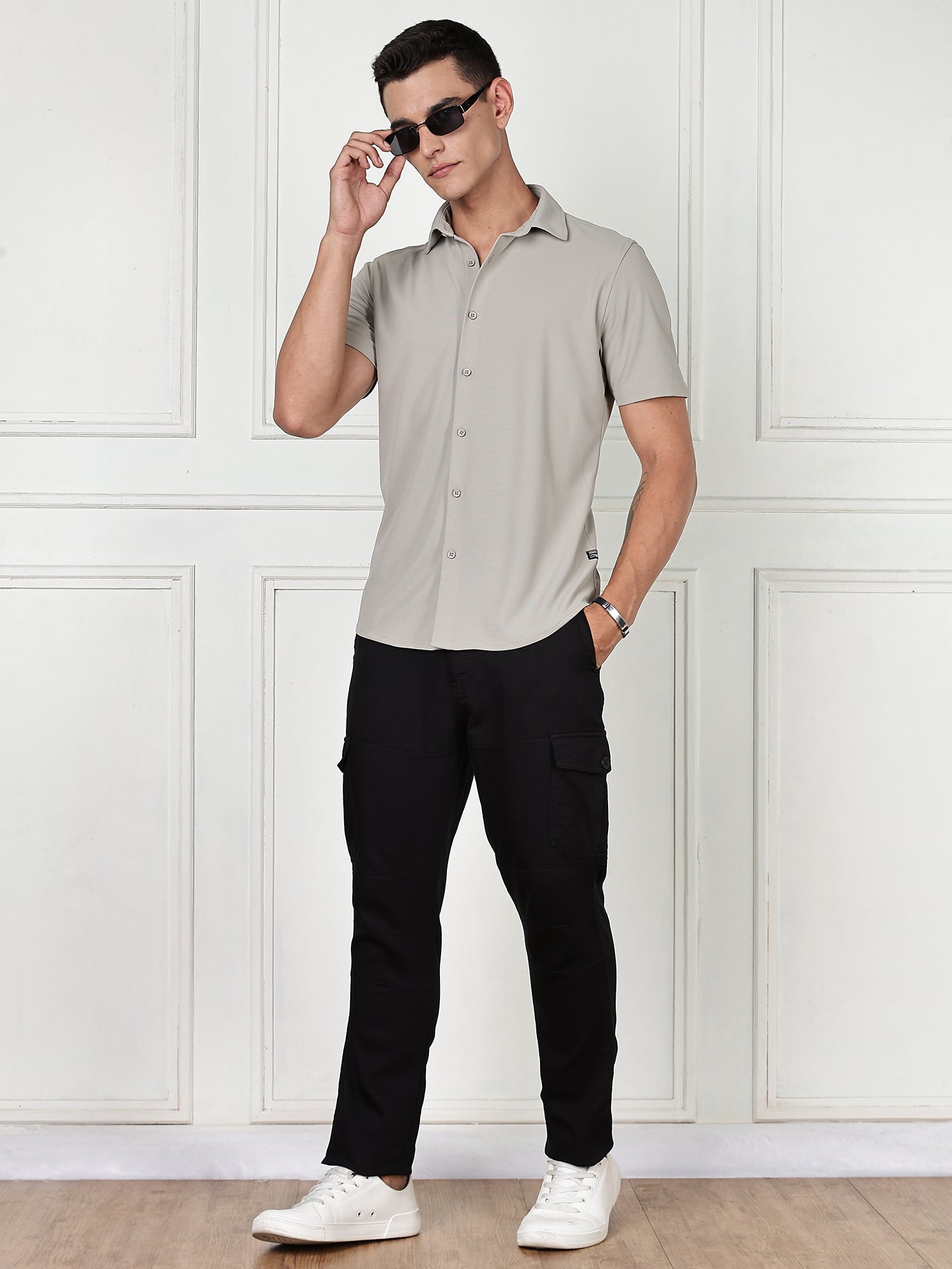 Thomas Scott Men Grey Premium Slim Fit Short Sleeves Spread Collar 4 Way Stretch CoolMax Knitted Shirt