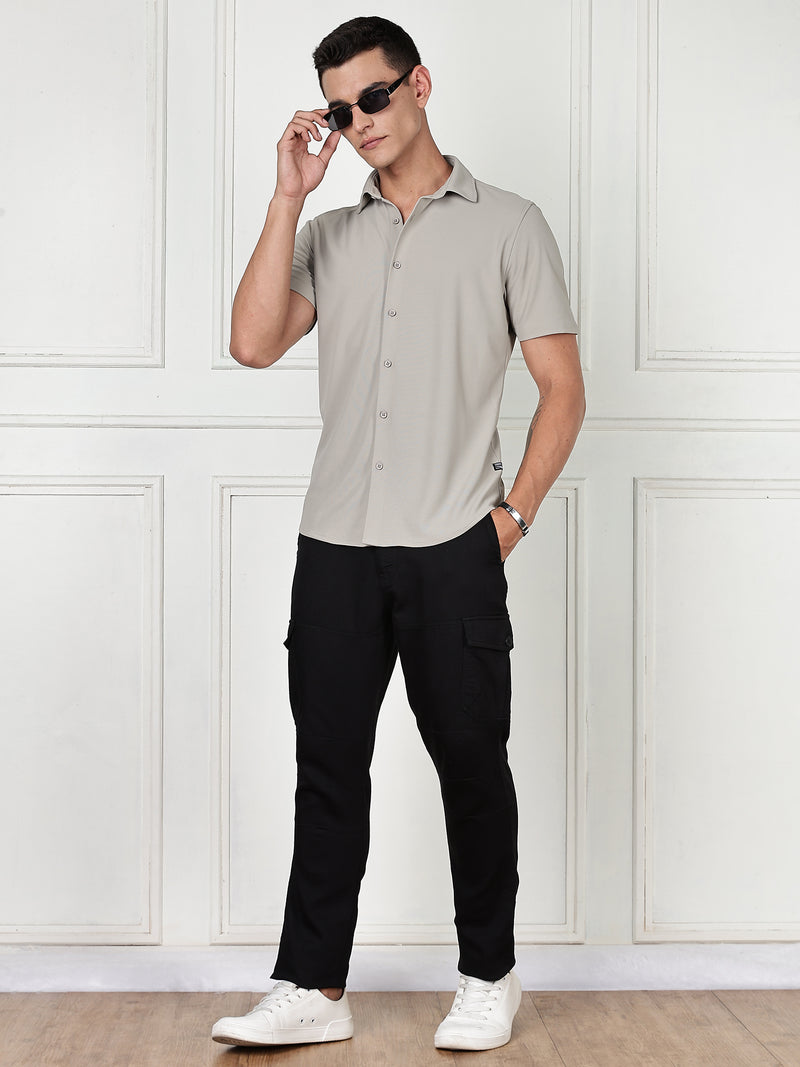 Thomas Scott Men Grey Premium Slim Fit Short Sleeves Spread Collar 4 Way Stretch CoolMax Knitted Shirt