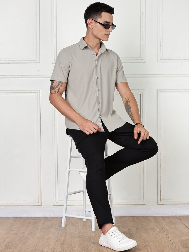Thomas Scott Men Grey Premium Slim Fit Short Sleeves Spread Collar 4 Way Stretch CoolMax Knitted Shirt