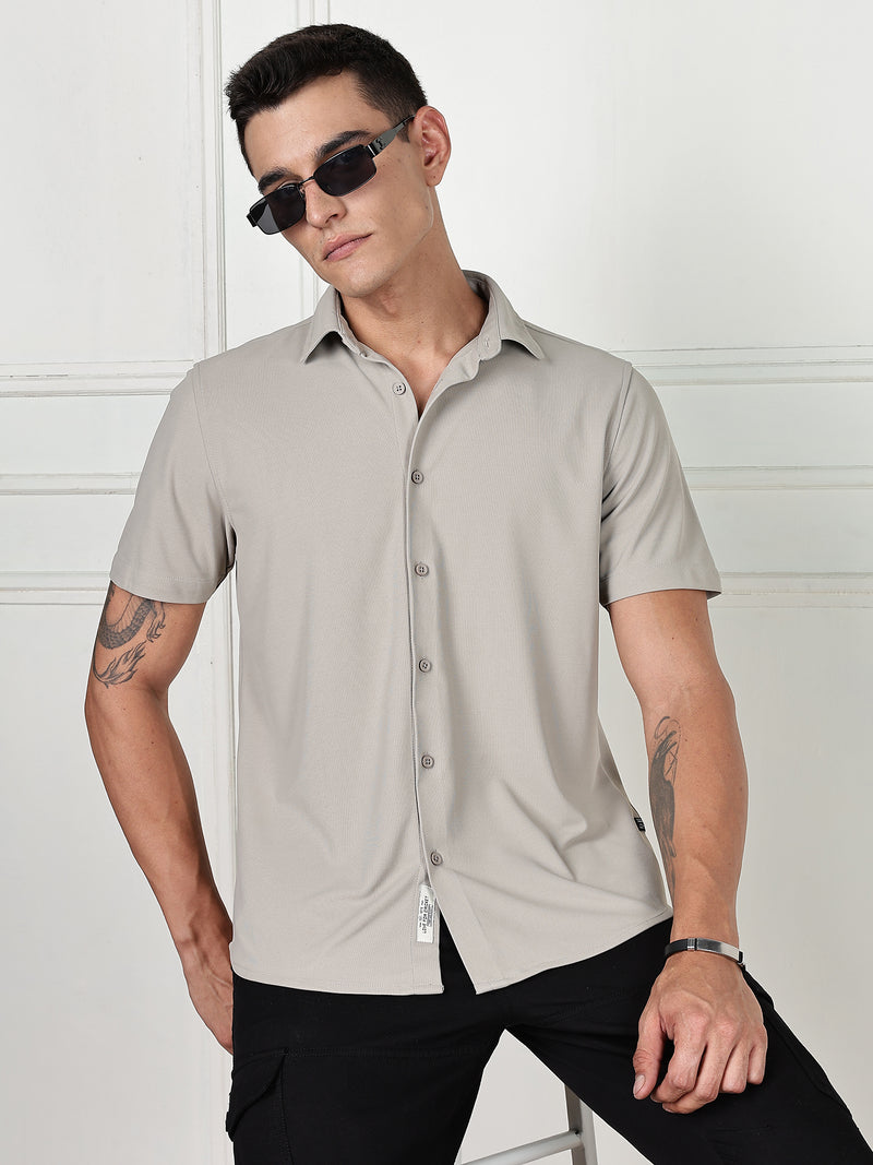 Thomas Scott Men Grey Premium Slim Fit Short Sleeves Spread Collar 4 Way Stretch CoolMax Knitted Shirt
