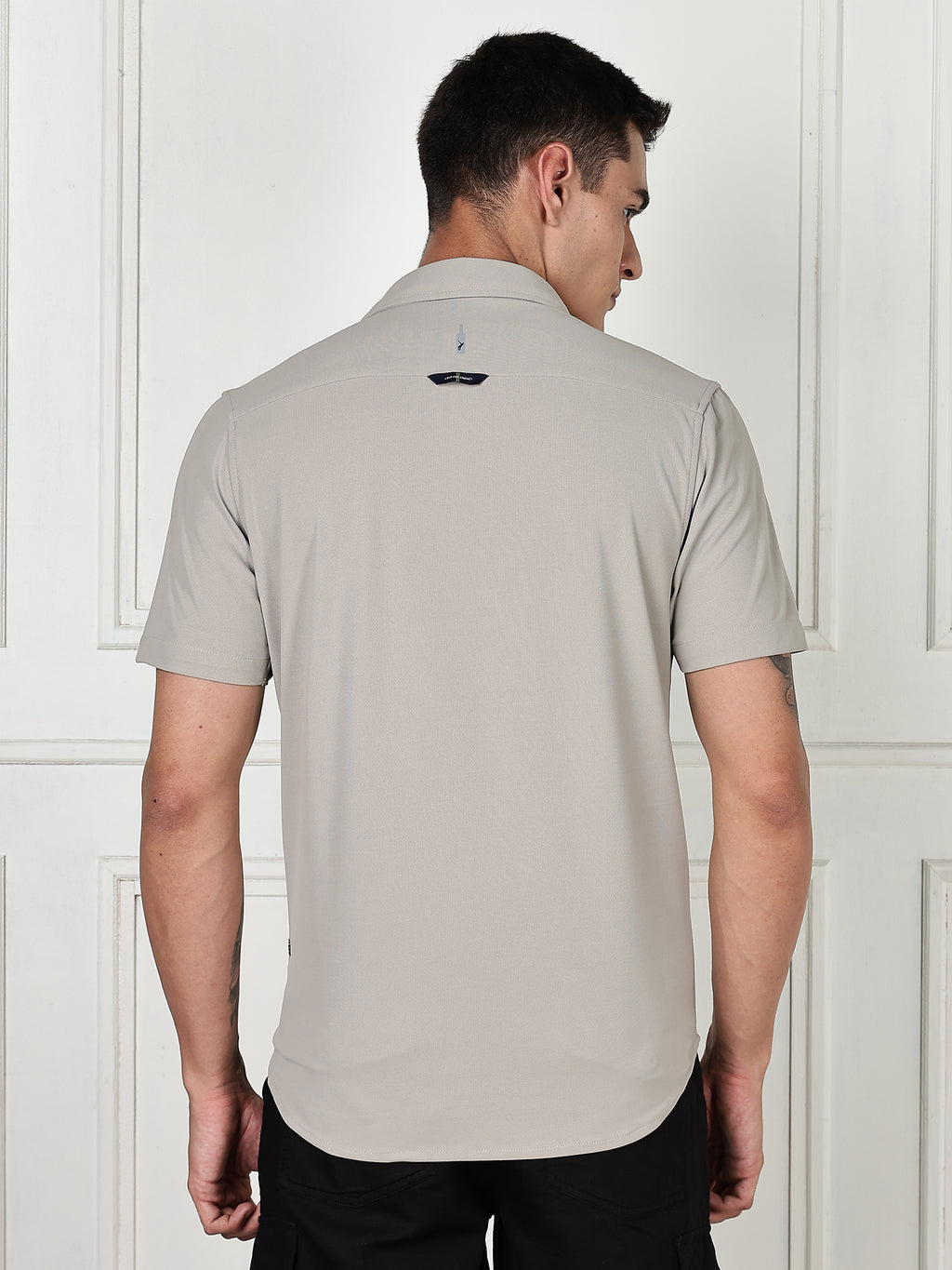 Thomas Scott Men Grey Premium Slim Fit Short Sleeves Spread Collar 4 Way Stretch CoolMax Knitted Shirt
