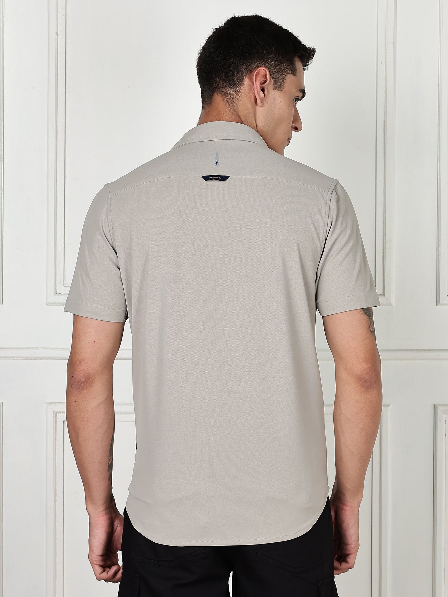 Thomas Scott Men Grey Premium Slim Fit Short Sleeves Spread Collar 4 Way Stretch CoolMax Knitted Shirt