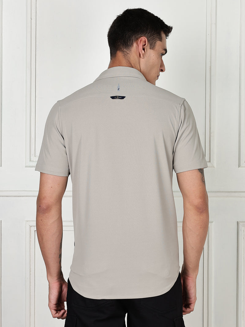 Thomas Scott Men Grey Premium Slim Fit Short Sleeves Spread Collar 4 Way Stretch CoolMax Knitted Shirt