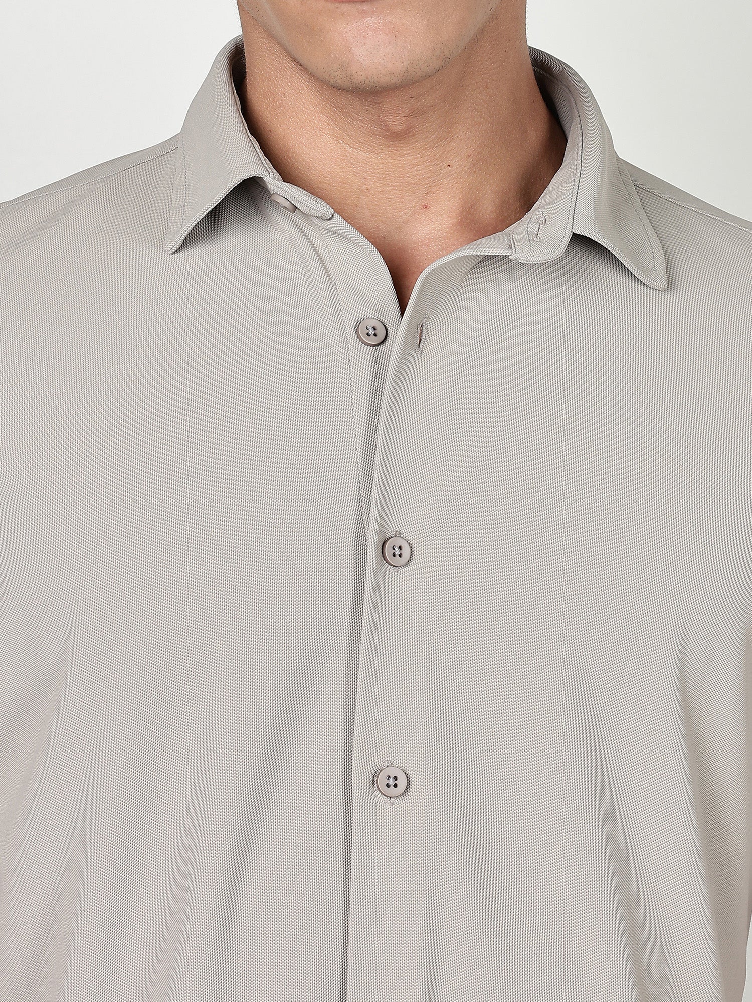 Thomas Scott Men Grey Premium Slim Fit Short Sleeves Spread Collar 4 Way Stretch CoolMax Knitted Shirt