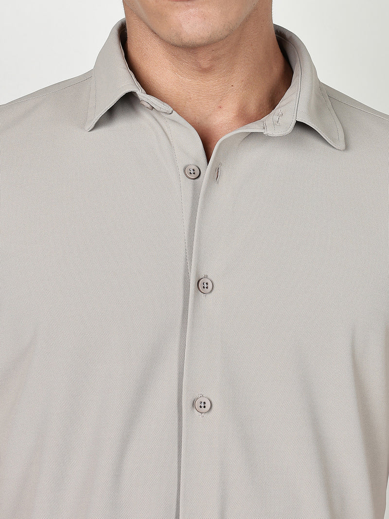 Thomas Scott Men Grey Premium Slim Fit Short Sleeves Spread Collar 4 Way Stretch CoolMax Knitted Shirt