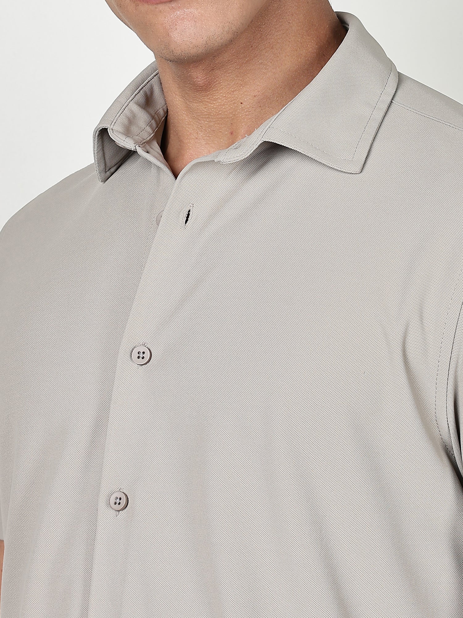 Thomas Scott Men Grey Premium Slim Fit Short Sleeves Spread Collar 4 Way Stretch CoolMax Knitted Shirt