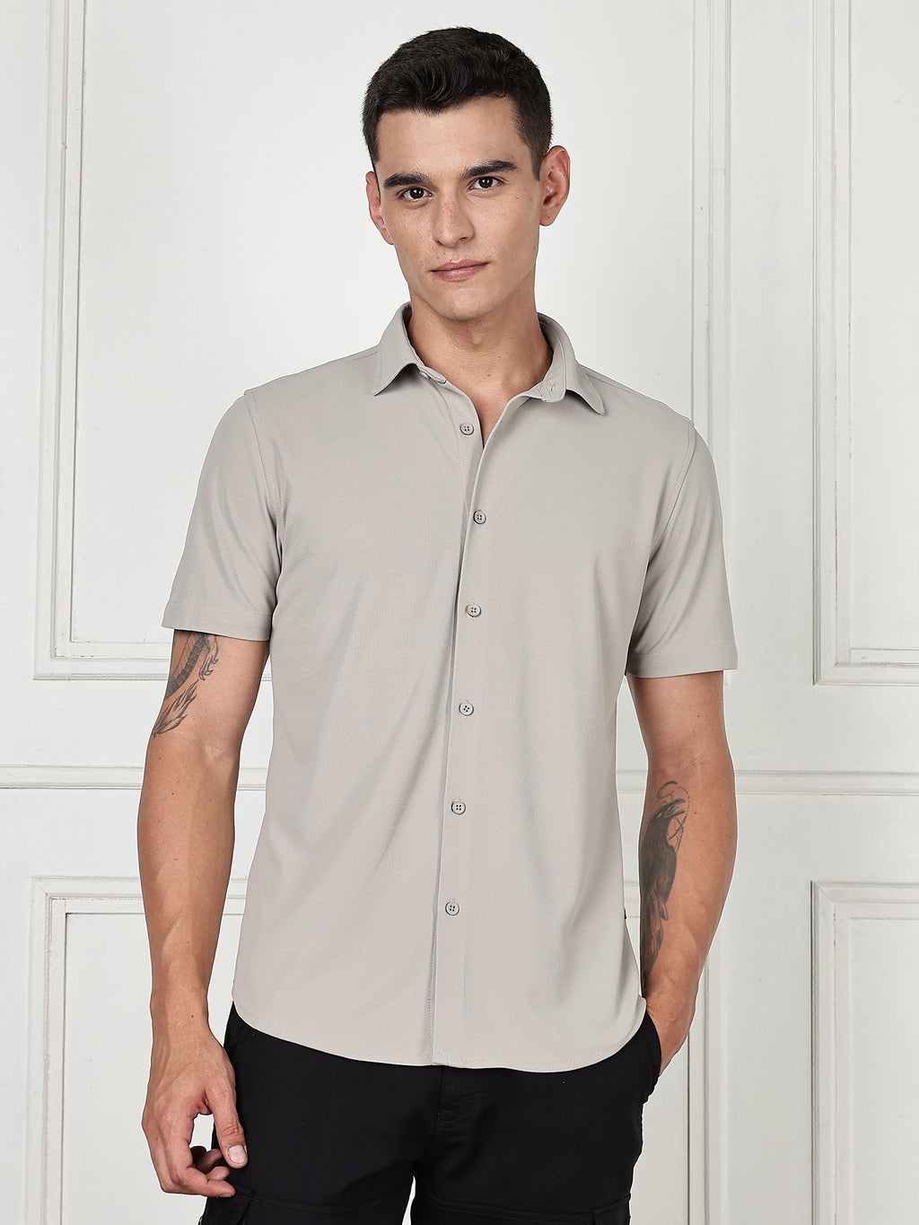 Thomas Scott Men Grey Premium Slim Fit Short Sleeves Spread Collar 4 Way Stretch CoolMax Knitted Shirt