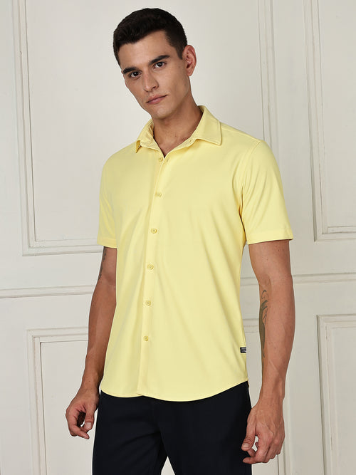 Thomas Scott Men Yellow Premium Slim Fit Short Sleeves Spread Collar 4 Way Stretch CoolMax Knitted Shirt