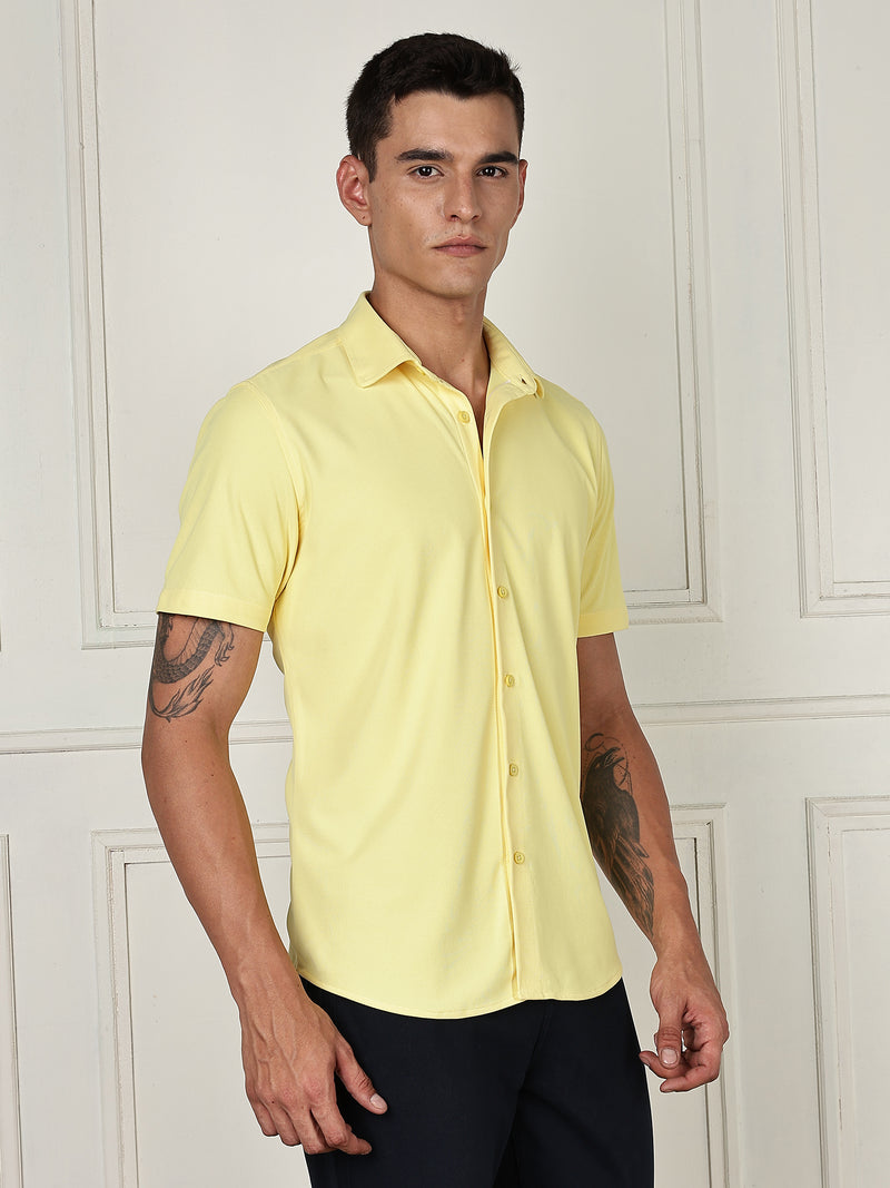 Thomas Scott Men Yellow Premium Slim Fit Short Sleeves Spread Collar 4 Way Stretch CoolMax Knitted Shirt