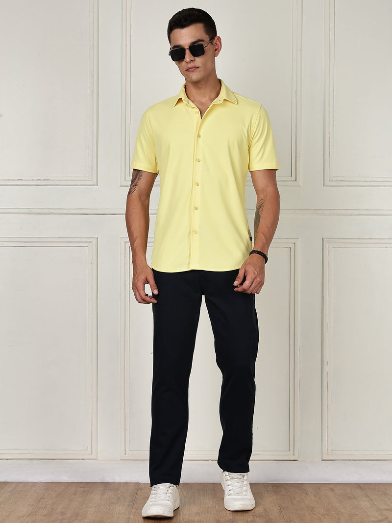 Thomas Scott Men Yellow Premium Slim Fit Short Sleeves Spread Collar 4 Way Stretch CoolMax Knitted Shirt