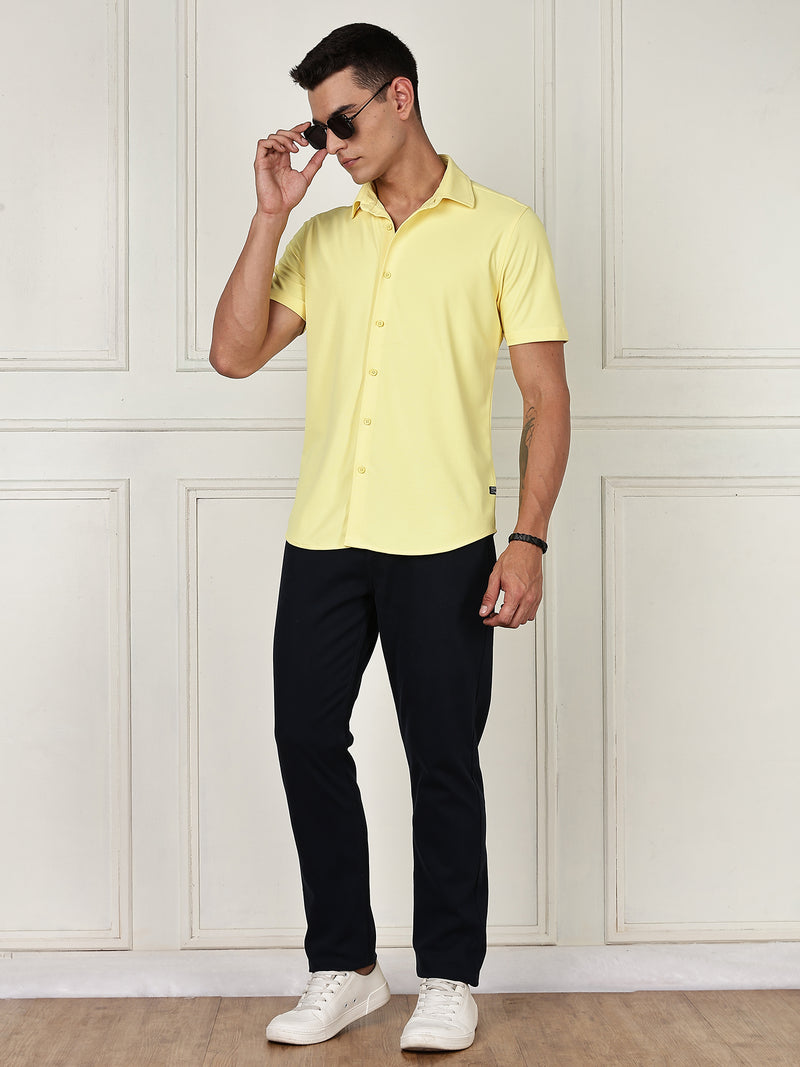 Thomas Scott Men Yellow Premium Slim Fit Short Sleeves Spread Collar 4 Way Stretch CoolMax Knitted Shirt