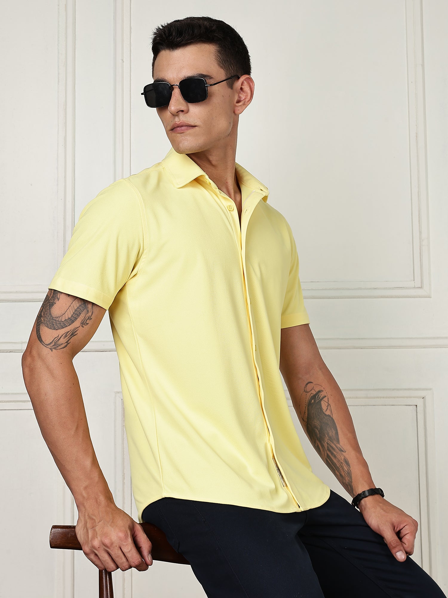 Thomas Scott Men Yellow Premium Slim Fit Short Sleeves Spread Collar 4 Way Stretch CoolMax Knitted Shirt