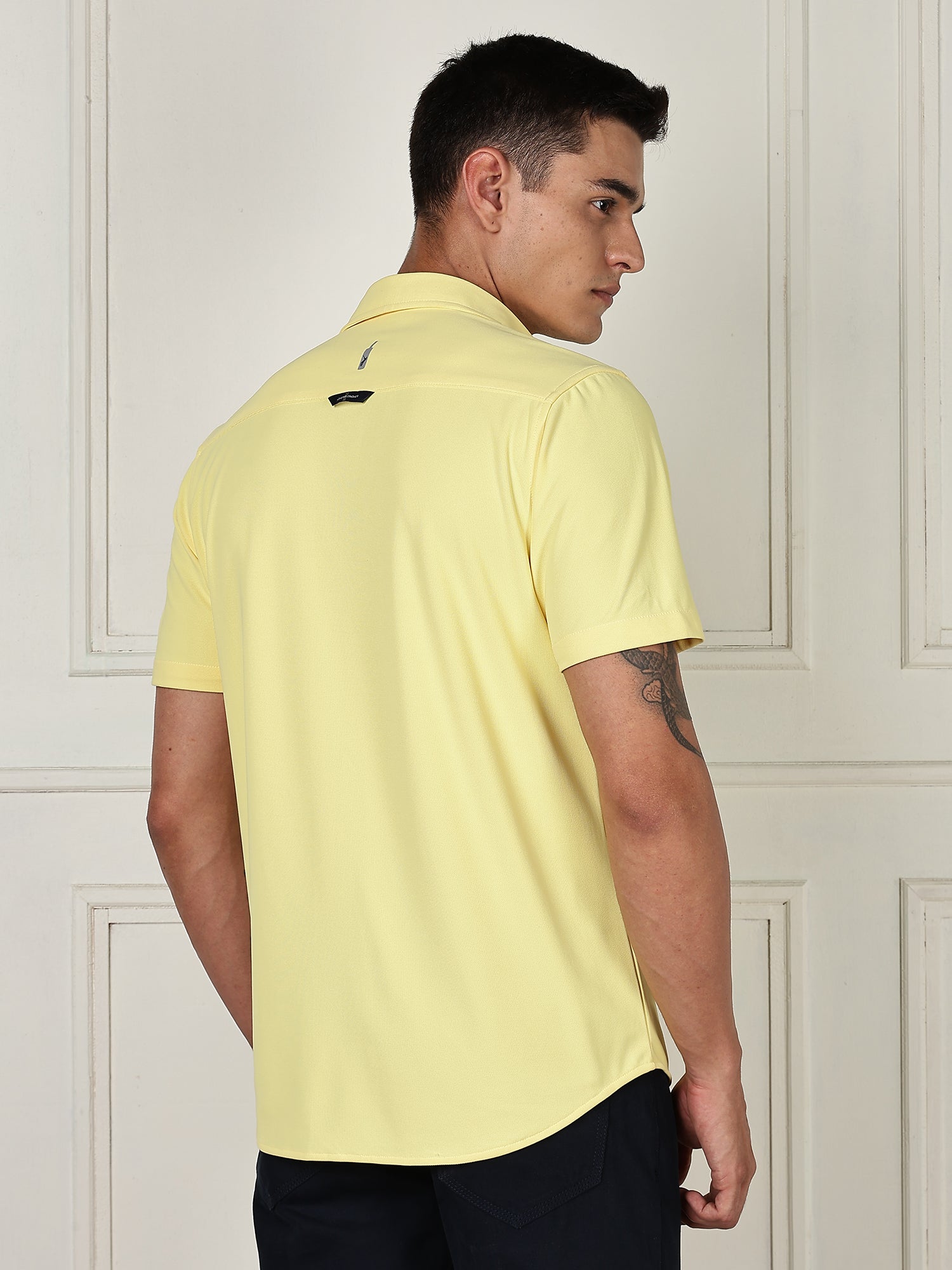 Thomas Scott Men Yellow Premium Slim Fit Short Sleeves Spread Collar 4 Way Stretch CoolMax Knitted Shirt