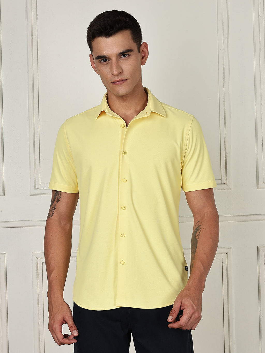 Thomas Scott Men Yellow Premium Slim Fit Short Sleeves Spread Collar 4 Way Stretch CoolMax Knitted Shirt