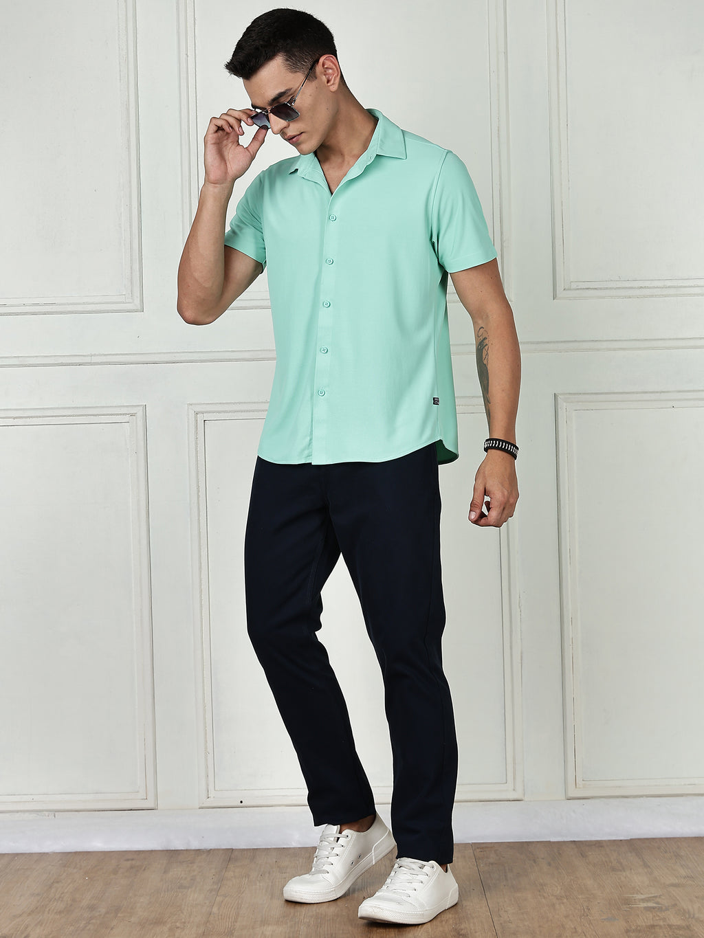 Thomas Scott Men Pista Premium Slim Fit Short Sleeves Spread Collar 4 Way Stretch CoolMax Knitted Shirt