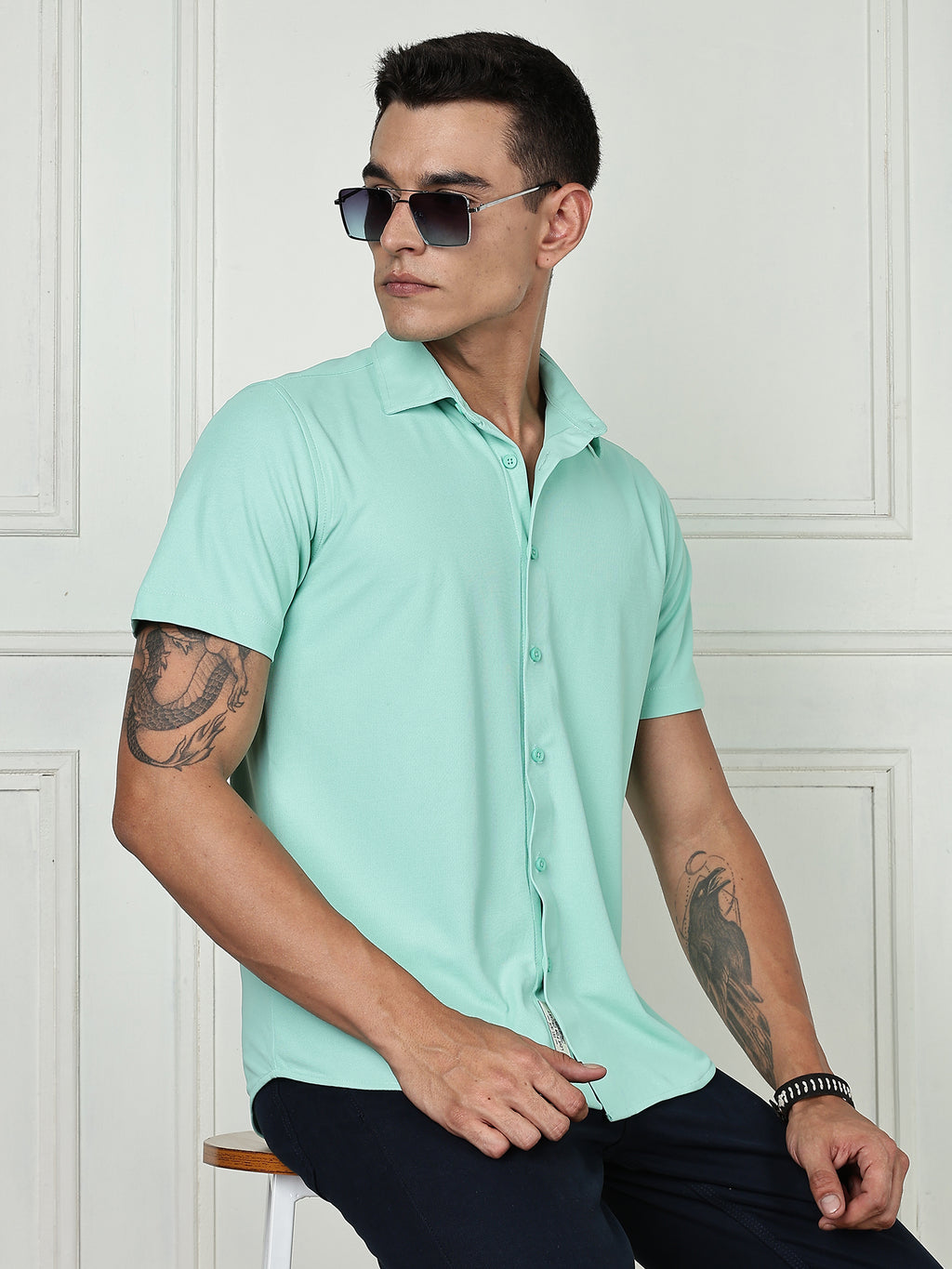 Thomas Scott Men Pista Premium Slim Fit Short Sleeves Spread Collar 4 Way Stretch CoolMax Knitted Shirt