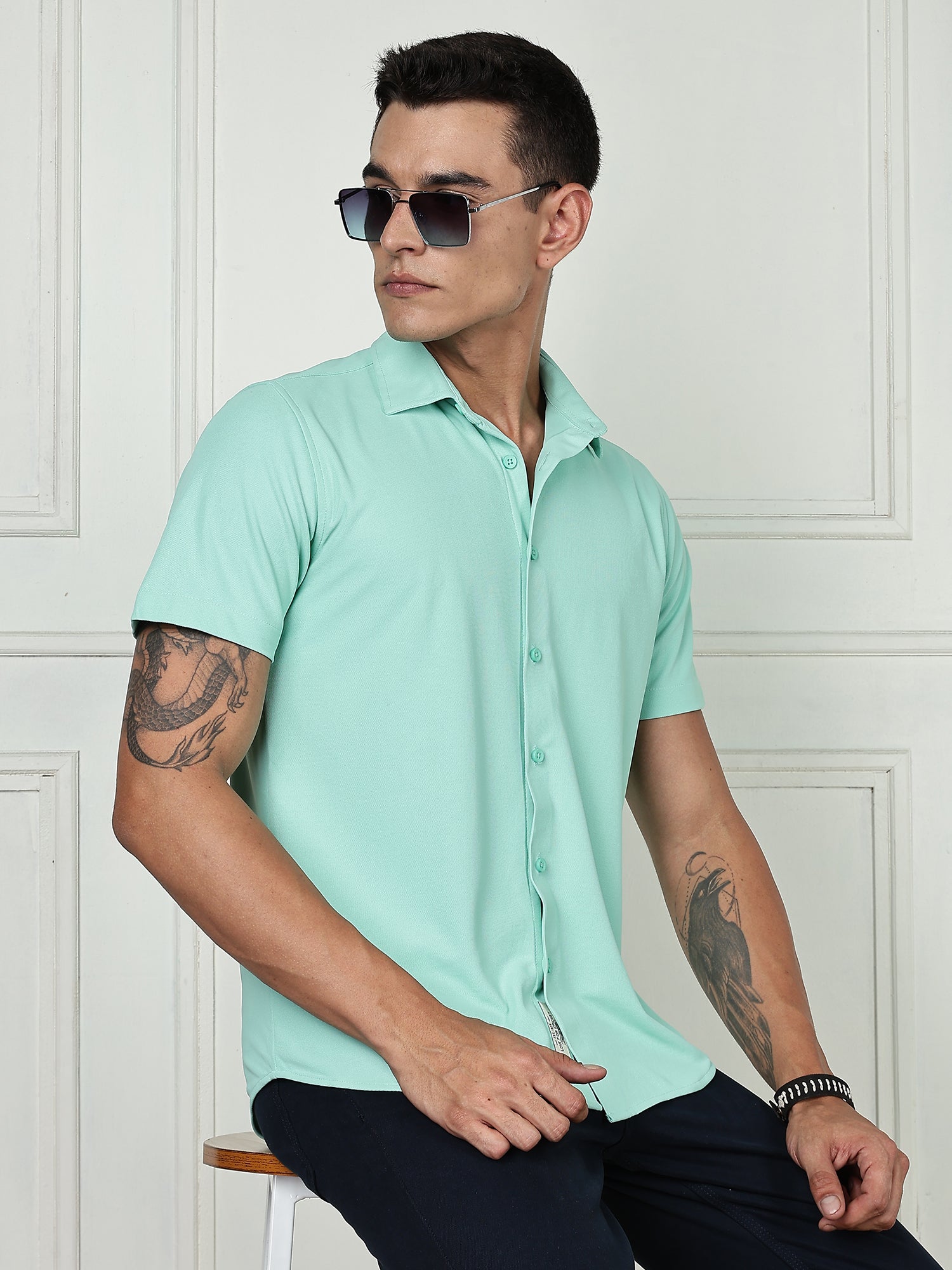 Thomas Scott Men Pista Premium Slim Fit Short Sleeves Spread Collar 4 Way Stretch CoolMax Knitted Shirt