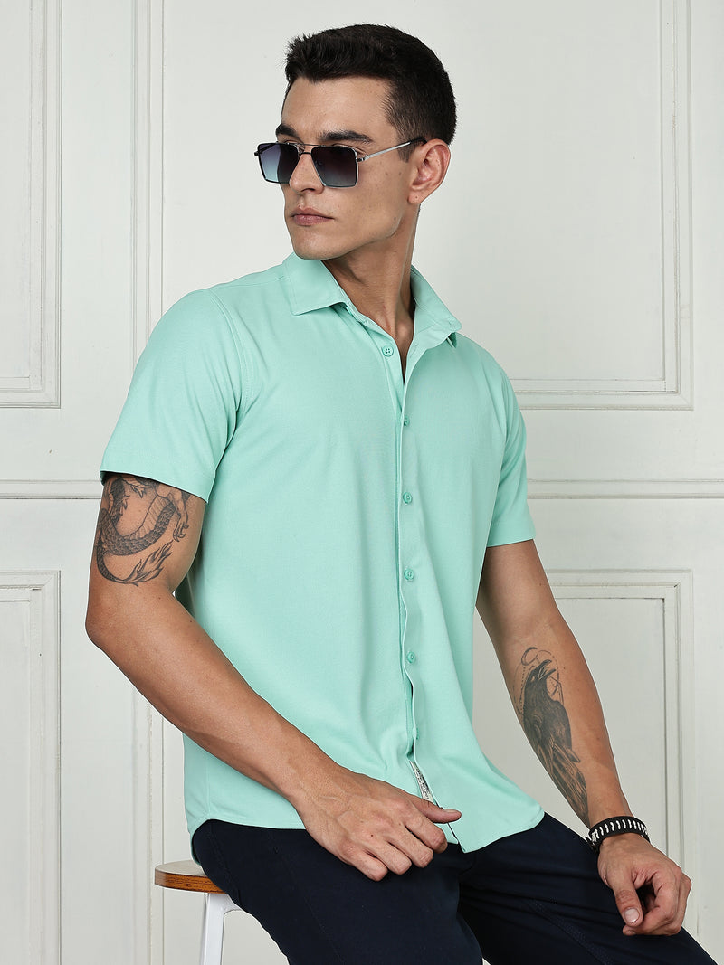 Thomas Scott Men Pista Premium Slim Fit Short Sleeves Spread Collar 4 Way Stretch CoolMax Knitted Shirt