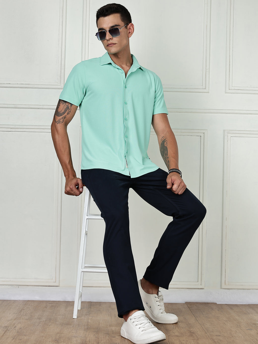 Thomas Scott Men Pista Premium Slim Fit Short Sleeves Spread Collar 4 Way Stretch CoolMax Knitted Shirt