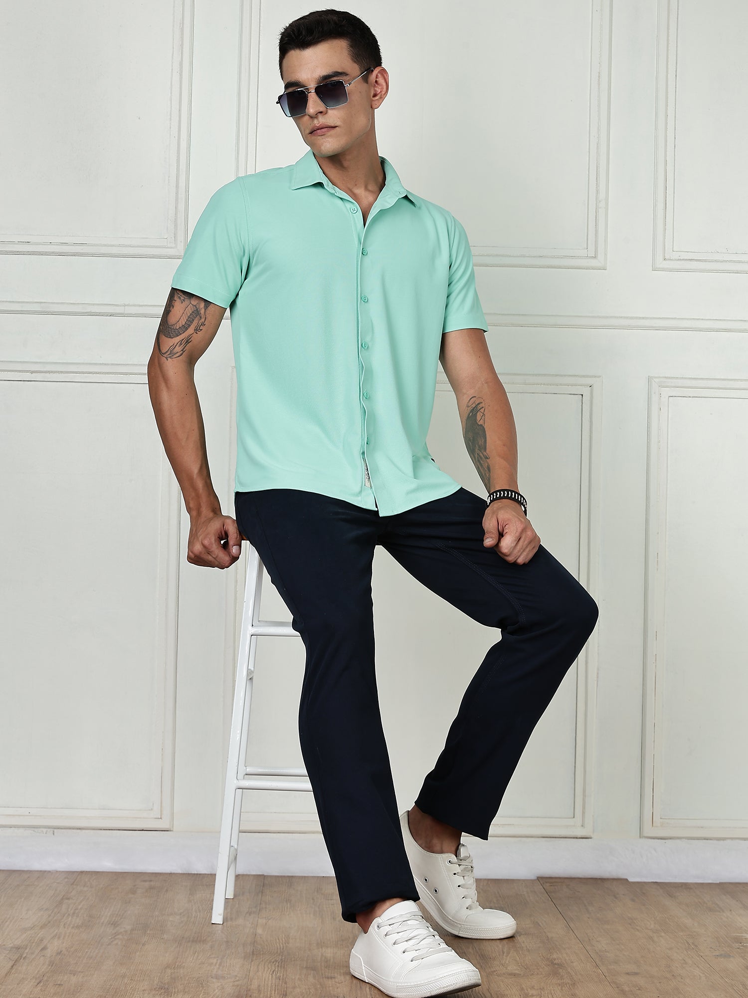 Thomas Scott Men Pista Premium Slim Fit Short Sleeves Spread Collar 4 Way Stretch CoolMax Knitted Shirt