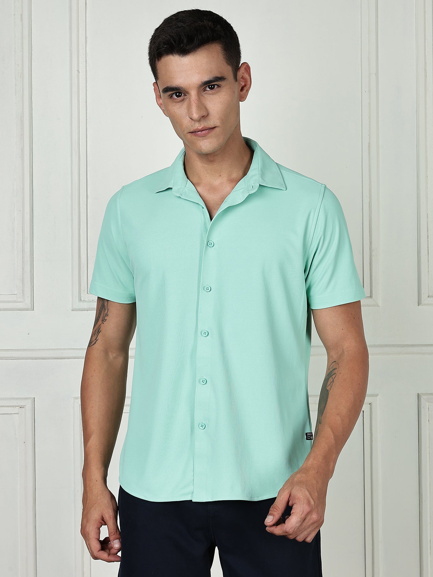 Thomas Scott Men Pista Premium Slim Fit Short Sleeves Spread Collar 4 Way Stretch CoolMax Knitted Shirt