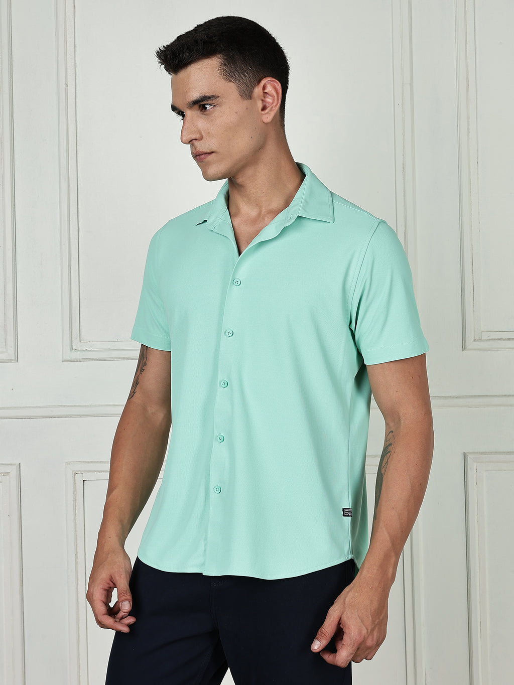 Thomas Scott Men Pista Premium Slim Fit Short Sleeves Spread Collar 4 Way Stretch CoolMax Knitted Shirt