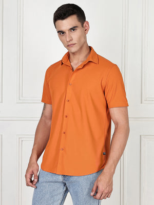 Thomas Scott Men Orange Premium Slim Fit Short Sleeves Spread Collar 4 Way Stretch CoolMax Knitted Shirt