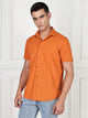 Thomas Scott Men Orange Premium Slim Fit Short Sleeves Spread Collar 4 Way Stretch CoolMax Knitted Shirt