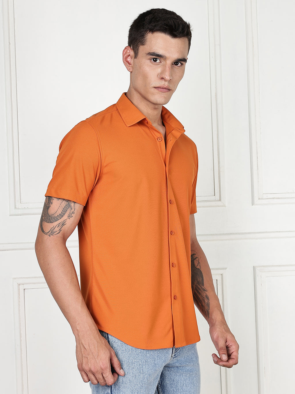 Thomas Scott Men Orange Premium Slim Fit Short Sleeves Spread Collar 4 Way Stretch CoolMax Knitted Shirt