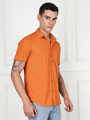 Thomas Scott Men Orange Premium Slim Fit Short Sleeves Spread Collar 4 Way Stretch CoolMax Knitted Shirt