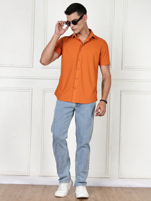 Thomas Scott Men Orange Premium Slim Fit Short Sleeves Spread Collar 4 Way Stretch CoolMax Knitted Shirt