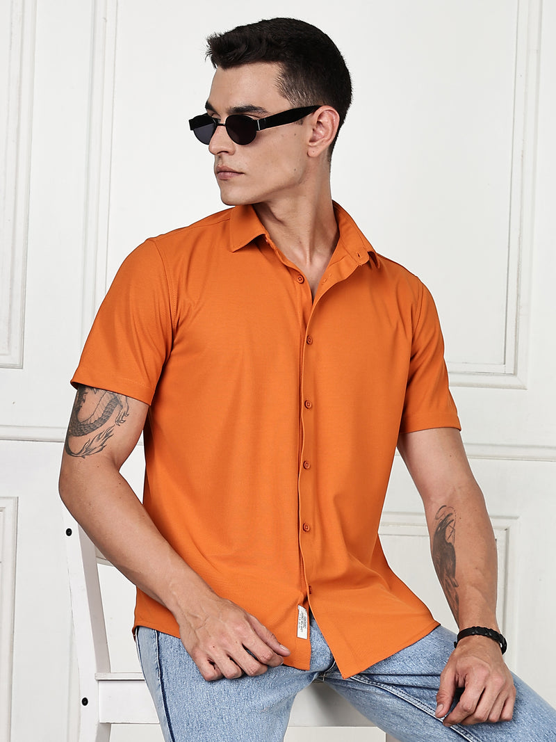 Thomas Scott Men Orange Premium Slim Fit Short Sleeves Spread Collar 4 Way Stretch CoolMax Knitted Shirt