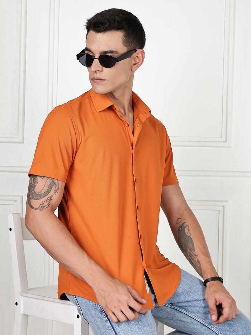 Thomas Scott Men Orange Premium Slim Fit Short Sleeves Spread Collar 4 Way Stretch CoolMax Knitted Shirt