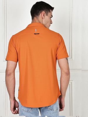 Thomas Scott Men Orange Premium Slim Fit Short Sleeves Spread Collar 4 Way Stretch CoolMax Knitted Shirt