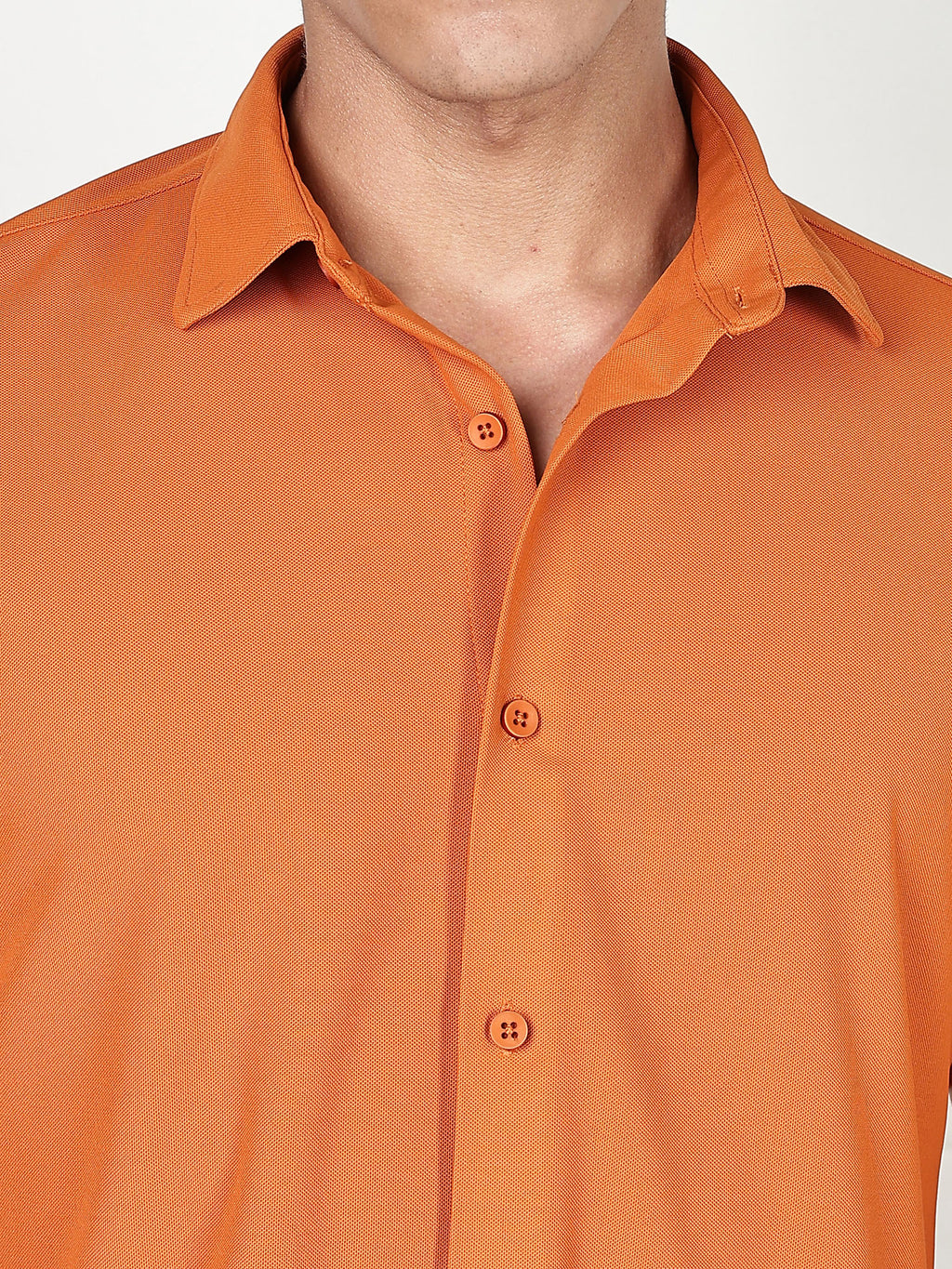 Thomas Scott Men Orange Premium Slim Fit Short Sleeves Spread Collar 4 Way Stretch CoolMax Knitted Shirt
